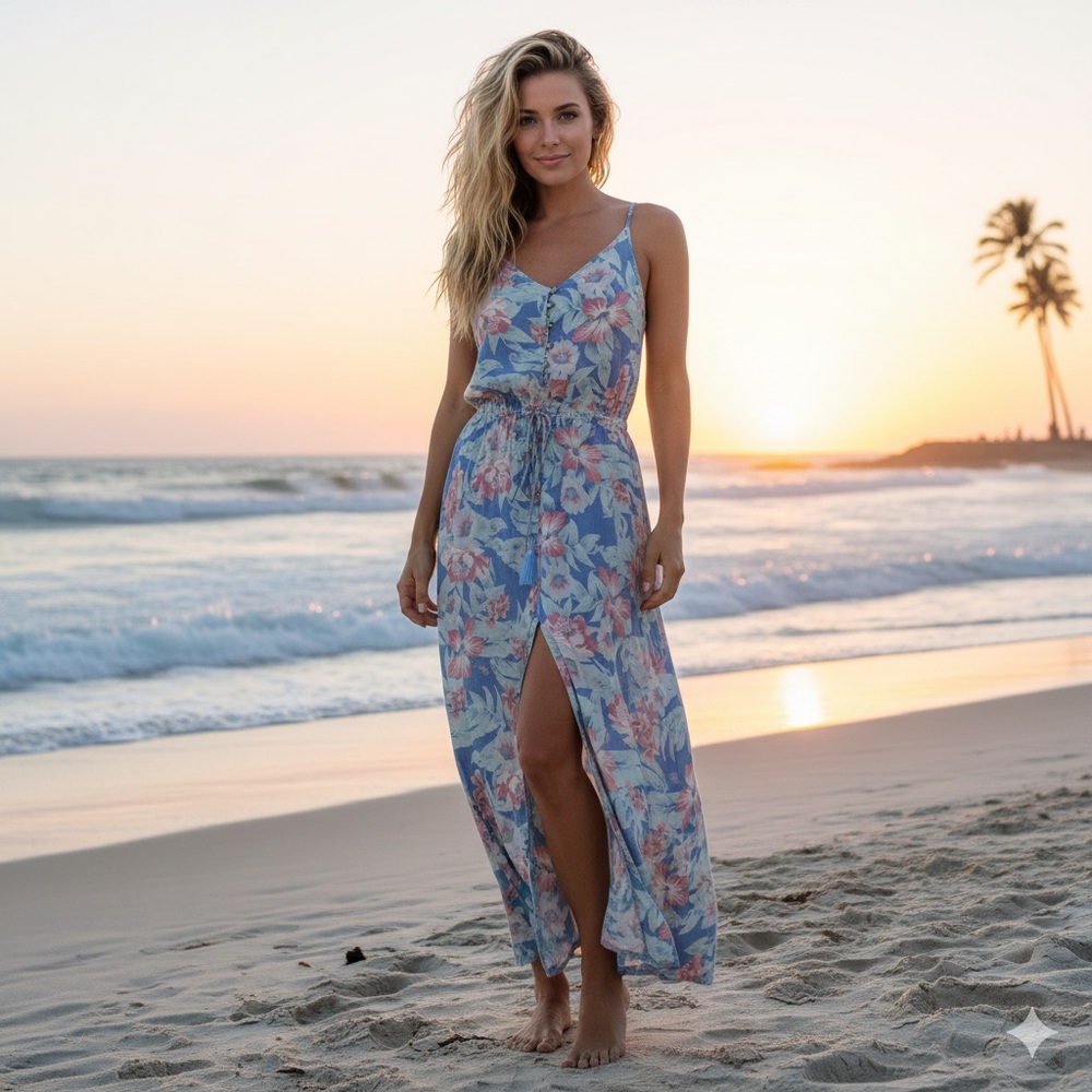 Rip Curl Floral Maxi Dress Boho Beach Vacation Summer Button Down‎ Slit Size M